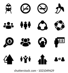 Solid vector icon set - train vector, no smoking sign, banana, group, social, friends, head hunter, man globe, presentation, arrow up, team leader, arrows, information exchange