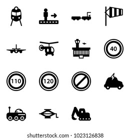 Solid vector icon set - train vector, travolator, baggage truck, side wind, plane, helicopter, airport building, speed limit 40 road sign, 110, 120, no parking, electric car, moon rover, jack