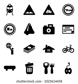 Solid vector icon set - train vector, rough road sign, for moto, no cart horse, truck overtake, bell, camera, schedule, world, dollar, home, bike, skateboard, trash bin, shovel fork toy, yoyo