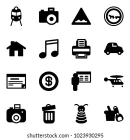 Solid vector icon set - train vector, camera, rough road sign, no cart horse, home, music, printer, car, schedule, dollar, presentation, helicopter, trash bin, pyramid toy, shovel bucket