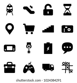 Solid vector icon set - train vector, escalator down, unlocked, sand clock, map pin, cart, stairs, photo, game console, laser, battery, chat, tool box, joystick, truck toy, Tic tac toe