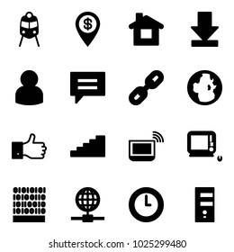 Solid vector icon set - train vector, dollar pin, home, download, user, chat, link, globe, finger up, stairs, notebook wi fi, monoblock pc, binary code, clock, server