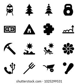 Solid Vector Icon Set - Train Vector, Christmas Tree, Weight, Dollar, Road Narrows Sign, Puzzle, Growth, Rock Axe, Reading, Beach, Flower, Phone, Farm Fork, Wheelbarrow, Baseball Bat