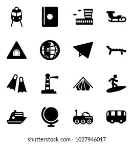 Solid vector icon set - train vector, passport, airport building, sleigh, tunnel road sign, globe, paper fly, lounger, flippers, lighthouse, tent, surfing, cruiser, moon rover, toy bus
