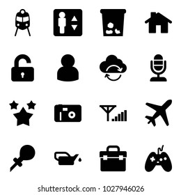 Solid vector icon set - train vector, elevator, trash, home, unlocked, user, refresh cloud, microphone, stars, photo, fine signal, plane, oiler, tool box, joystick