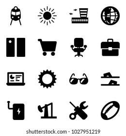 Solid vector icon set - train vector, sun, airport building, globe, pause, cart, office chair, portfolio, statistics monitor, sunglasses, flip flops, power bank, oil derrick, wrench screwdriver