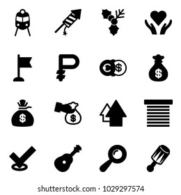 Solid vector icon set - train vector, firework rocket, holly, heart care, flag, ruble, euro dollar, money bag, encashment, arrow up, jalousie, check, guitar, beanbag