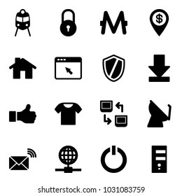 Solid vector icon set - train vector, lock, monero, dollar pin, home, cursor browser, shield, download, like, t shirt, data exchange, satellite antenna, wireless mail, globe, standby button, server