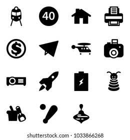 Solid vector icon set - train vector, minimal speed limit road sign, home, printer, dollar, paper fly, helicopter, camera, projector, rocket, battery, pyramid toy, shovel bucket, baseball bat