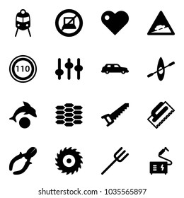 Solid vector icon set - train vector, no computer sign, heart, climb road, speed limit 110, settings, limousine, kayak, dolphin, carbon, saw, trowel, side cutters, disk, farm fork, welding