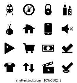 Solid Vector Icon Set - Train Vector, No Mobile Sign, Lock, Candle, Onion, Home, Phone, Volume Off, Play, Cart, Money, Check, T Shirt, Up Down Arrows, Movie Flap