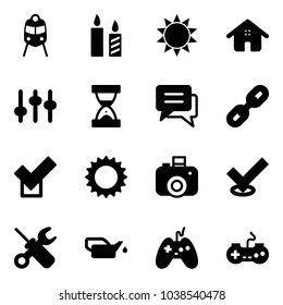 Solid vector icon set - train vector, candle, sun, home, settings, sand clock, chat, link, check, camera, wrench screwdriver, oiler, joystick, gamepad