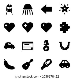 Solid vector icon set - train vector, shower, left arrow, christmas star, heart, puzzle, car, schedule, medal, luck, banana, guitar, beanbag
