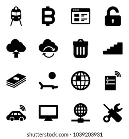 Solid vector icon set - train vector, bitcoin, website, unlocked, upload cloud, refresh, trash bin, stairs, dollar, lounger, globe, server wireless, car, monitor, wrench screwdriver