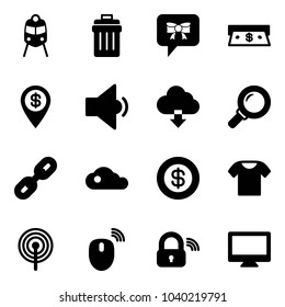 Solid vector icon set - train vector, trash bin, bow message, cash, dollar pin, low volume, download cloud, magnifier, link, t shirt, antenna, mouse wireless, lock, monitor