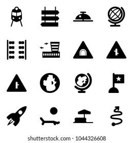 Solid vector icon set - train vector, sign post, client bell, globe, plane seats, airport building, tunnel road, intersection, flag, rocket, lounger, inflatable pool, trip