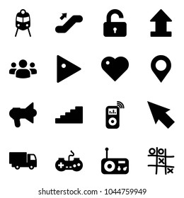 Solid vector icon set - train vector, escalator up, unlocked, uplooad, group, play, heart, map pin, megaphone, stairs, music player, cursor, truck toy, gamepad, radio, Tic tac toe