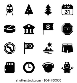 Solid vector icon set - train vector, christmas tree, 31 dec calendar, pill, bank, dollar flag, stop road sign, no left turn, ipo, pyramid, swimsuit, micro flash card, clock, protect glass, robot