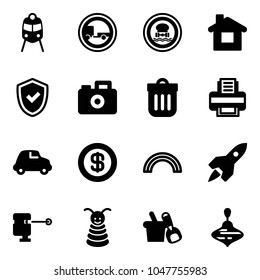 Solid vector icon set - train vector, no trailer road sign, dangerous cargo, home, shield check, camera, trash bin, printer, car, dollar, rainbow, rocket, laser lever, pyramid toy, shovel bucket