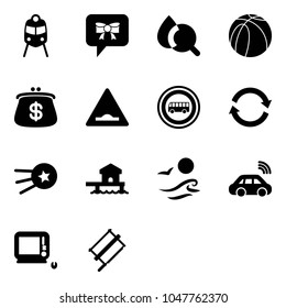 Solid Vector Icon Set - Train Vector, Bow Message, Blood Test, Basketball Ball, Purse, Artificial Unevenness Road Sign, No Bus, Refresh, First Satellite, Bungalow, Waves, Car Wireless, Monoblock Pc