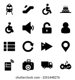 Solid vector icon set - train vector, escalator up, disabled, cake, low volume, unlocked, user, menu, reload, fast forward, map pin, server wireless, camera, truck toy, gamepad