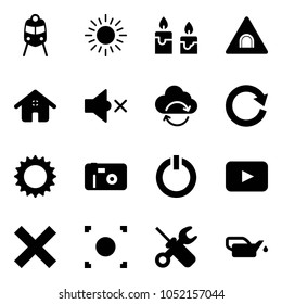 Solid vector icon set - train vector, sun, candle, tunnel road sign, home, volume off, refresh cloud, reload, photo, standby button, playback, delete, record, wrench screwdriver, oiler