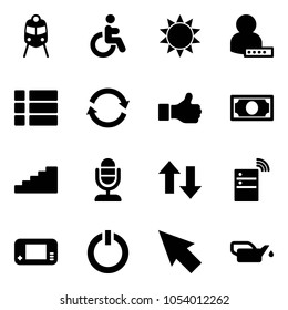Solid vector icon set - train vector, disabled, sun, user password, menu, refresh, like, money, stairs, microphone, up down arrows, server wireless, game console, standby button, cursor, oiler