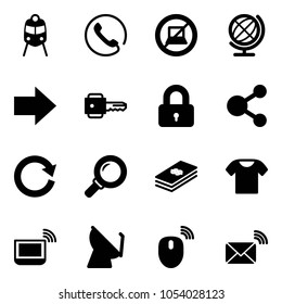 Solid vector icon set - train vector, phone, no computer sign, globe, right arrow, key, locked, share, reload, magnifier, dollar, t shirt, notebook wi fi, satellite antenna, mouse wireless, mail