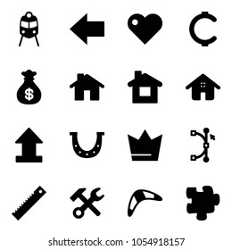 Solid vector icon set - train vector, left arrow, heart, cent, money bag, home, uplooad, luck, crown, bezier, ruler, wrench hammer, boomerang, puzzle
