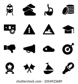 Solid vector icon set - train vector, clouds, stomach, coin, cash, traffic light road sign, steep roadside, graduate hat, dislike, speaker horn, cloud, target, star medal, flags cross, sailboat toy