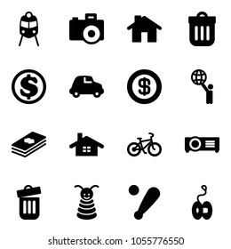 Solid Vector Icon Set - Train Vector, Camera, Home, Trash Bin, Dollar, Car, World, Bike, Projector, Pyramid Toy, Baseball Bat, Yoyo