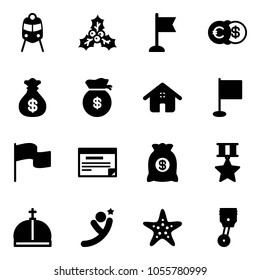 Solid vector icon set - train vector, holly, flag, euro dollar, money bag, home, schedule, star medal, crown, flying man, starfish, piston