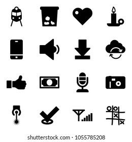 Solid vector icon set - train vector, trash, heart, candle, phone, low volume, download, refresh cloud, like, money, microphone, photo, laser, check, fine signal, Tic tac toe