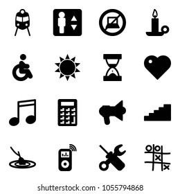 Solid vector icon set - train vector, elevator, no computer sign, candle, disabled, sun, sand clock, heart, music, calculator, megaphone, stairs, fishing, player, wrench screwdriver, Tic tac toe