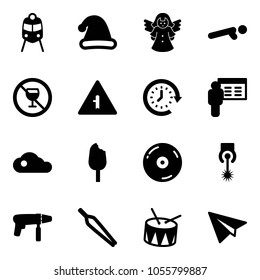 Solid vector icon set - train vector, christmas hat, angel, push ups, no alcohol sign, intersection road, clock around, presentation, cloud, ice cream, cd, laser, drill machine, forceps, drum