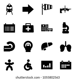 Solid vector icon set - train vector, right arrow, side wind, boarding passengers, schedule, doctor bag, hospital building, lab, mri, liver, lungs, gymnastics, disabled, statistics