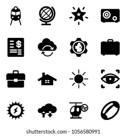 Solid vector icon set - train vector, globe, christmas star, safe, account statement, refresh cloud, gear, case, portfolio, home, sun, eye scanner, power, exchange data, helicopter toy, football