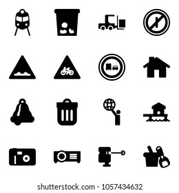 Solid vector icon set - train vector, trash, fork loader, no parkin odd, rough road sign, for moto, truck overtake, home, bell, bin, world, bungalow, photo, projector, laser lever, shovel bucket