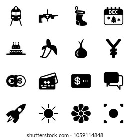Solid vector icon set - train vector, boarding passengers, christmas sock, calendar, cake, banana, onion, yen, euro dollar, credit card, dialog, rocket, sun, flower, record button