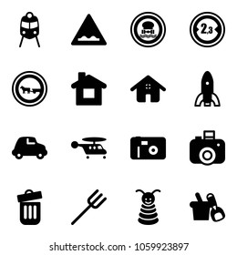Solid vector icon set - train vector, rough road sign, no dangerous cargo, limited width, cart horse, home, rocket, car, helicopter, photo, camera, trash bin, farm fork, pyramid toy, shovel bucket