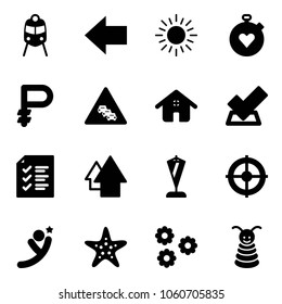 Solid vector icon set - train vector, left arrow, sun, stopwatch heart, ruble, multi lane traffic road sign, home, check, list, up, pennant, target, flying man, starfish, flower, pyramid toy