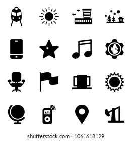 Solid vector icon set - train vector, sun, airport building, christmas landscape, phone, star, music, gear globe, office chair, flag, doors, player, navigation pin, oil derrick
