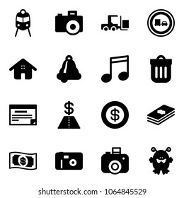 Solid vector icon set - train vector, camera, fork loader, no truck overtake road sign, home, bell, music, trash bin, schedule, dollar, money, photo, toy monster