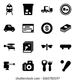 Solid vector icon set - train vector, trash, fork loader, no truck overtake road sign, car, schedule, dollar, helicopter, photo, dragonfly, skateboard, laser lever, camera, shovel toy, baseball bat