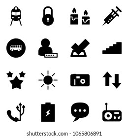 Solid vector icon set - train vector, lock, candle, syringe, bus road sign, user password, check, stairs, stars, sun, photo, up down arrows, phone, battery, chat, radio