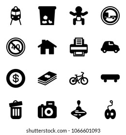 Solid vector icon set - train vector, trash, baby, no trailer road sign, end minimal speed limit, home, printer, car, dollar, bike, skateboard, bin, camera, wirligig toy, yoyo