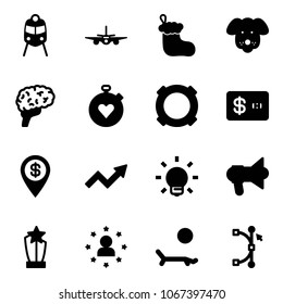 Solid vector icon set - train vector, plane, christmas sock, dog, brain, stopwatch heart, currency, credit card, dollar pin, growth arrow, bulb, megaphone, award, star man, lounger, bezier