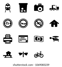 Solid vector icon set - train vector, trash, camera, fork loader, limited width road sign, no cart horse, end minimal speed limit, home, printer, schedule, money, helicopter, bungalow, dragonfly