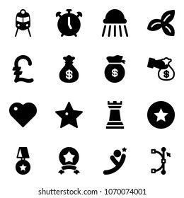 Solid vector icon set - train vector, alarm clock, shower, three leafs, pound, money bag, encashment, heart, star, chess tower, medal, flying man, bezier