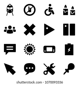 Solid vector icon set - train vector, no mobile sign, disabled, candle, group, delete cross, play, pause, chat, sun, game console, battery, cursor, wrench screwdriver, oiler